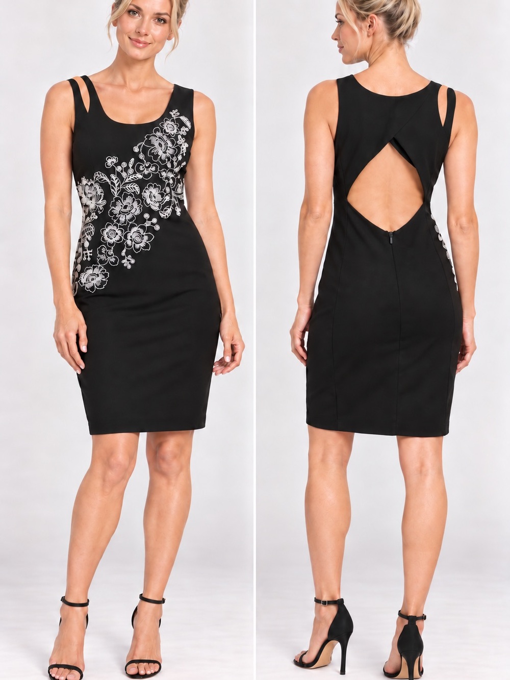 GUESS Black Floral Back-Cutout Sheath Dress